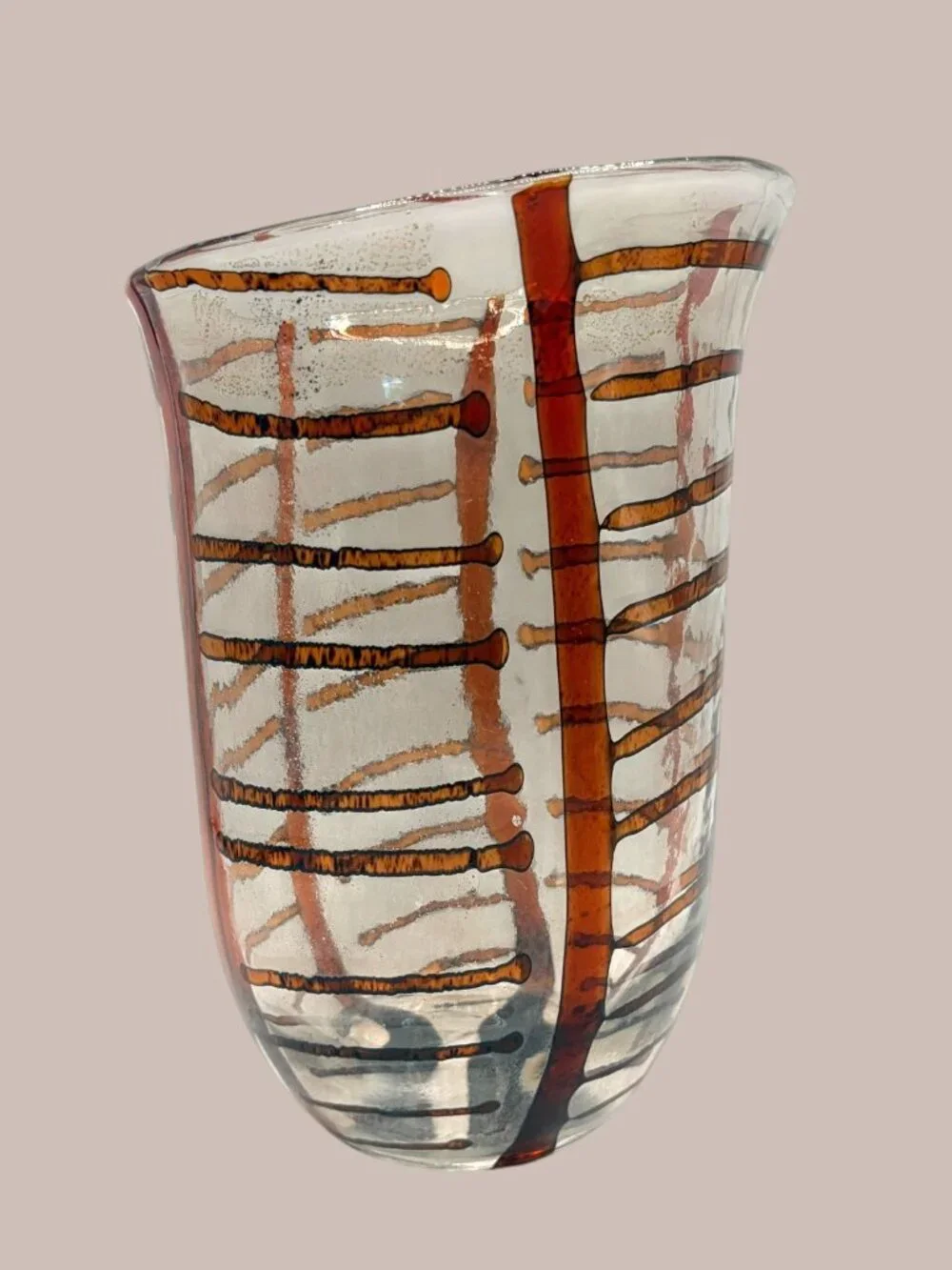 Vintage Hand Blown Studio Art Glass Vase Amber Brown Ribbon Swirl 9.5